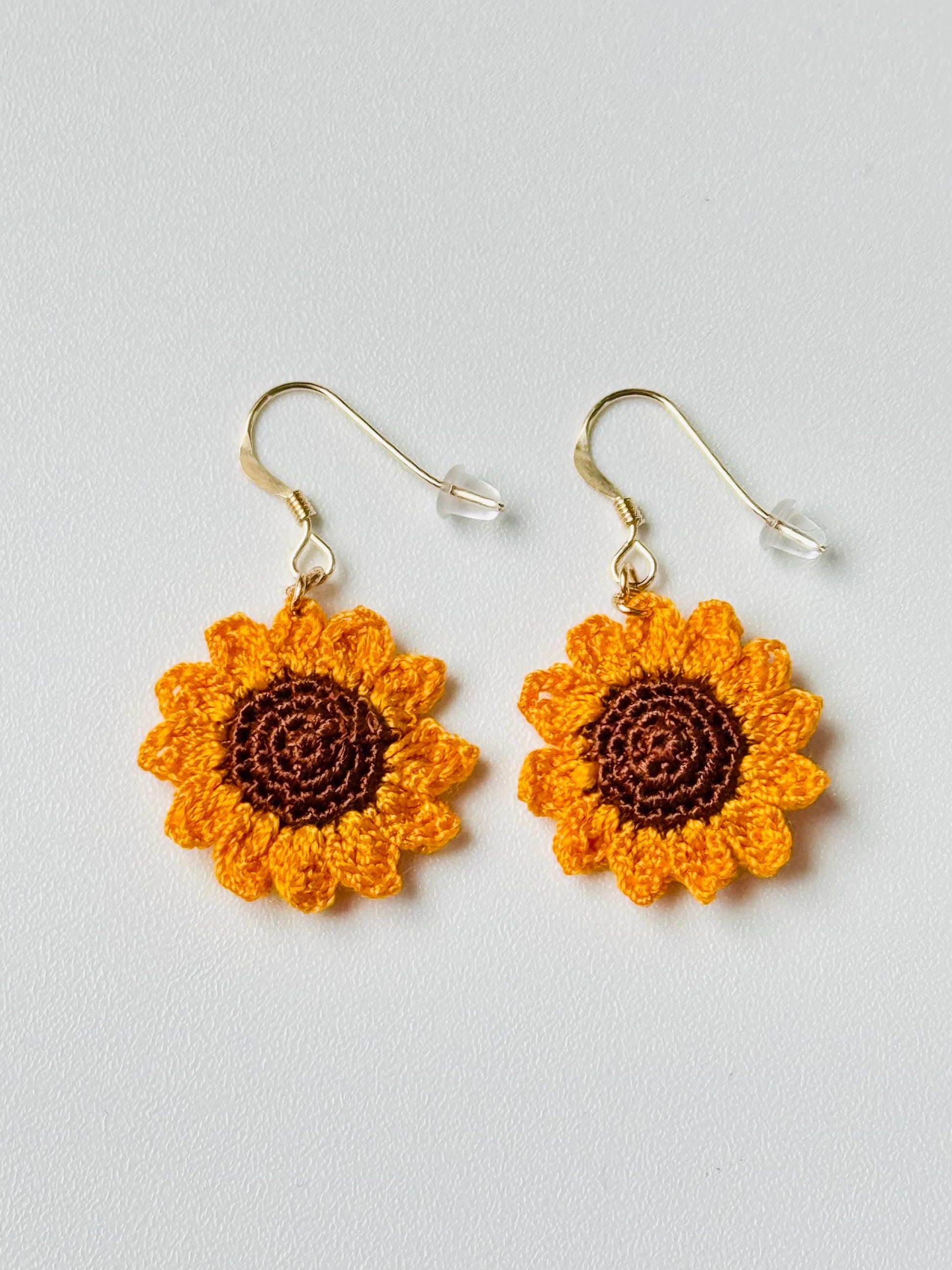 Micro Crochet Sunflower Earrings – 14ct Gold Filled Hooks, Cotton Flower Jewellery