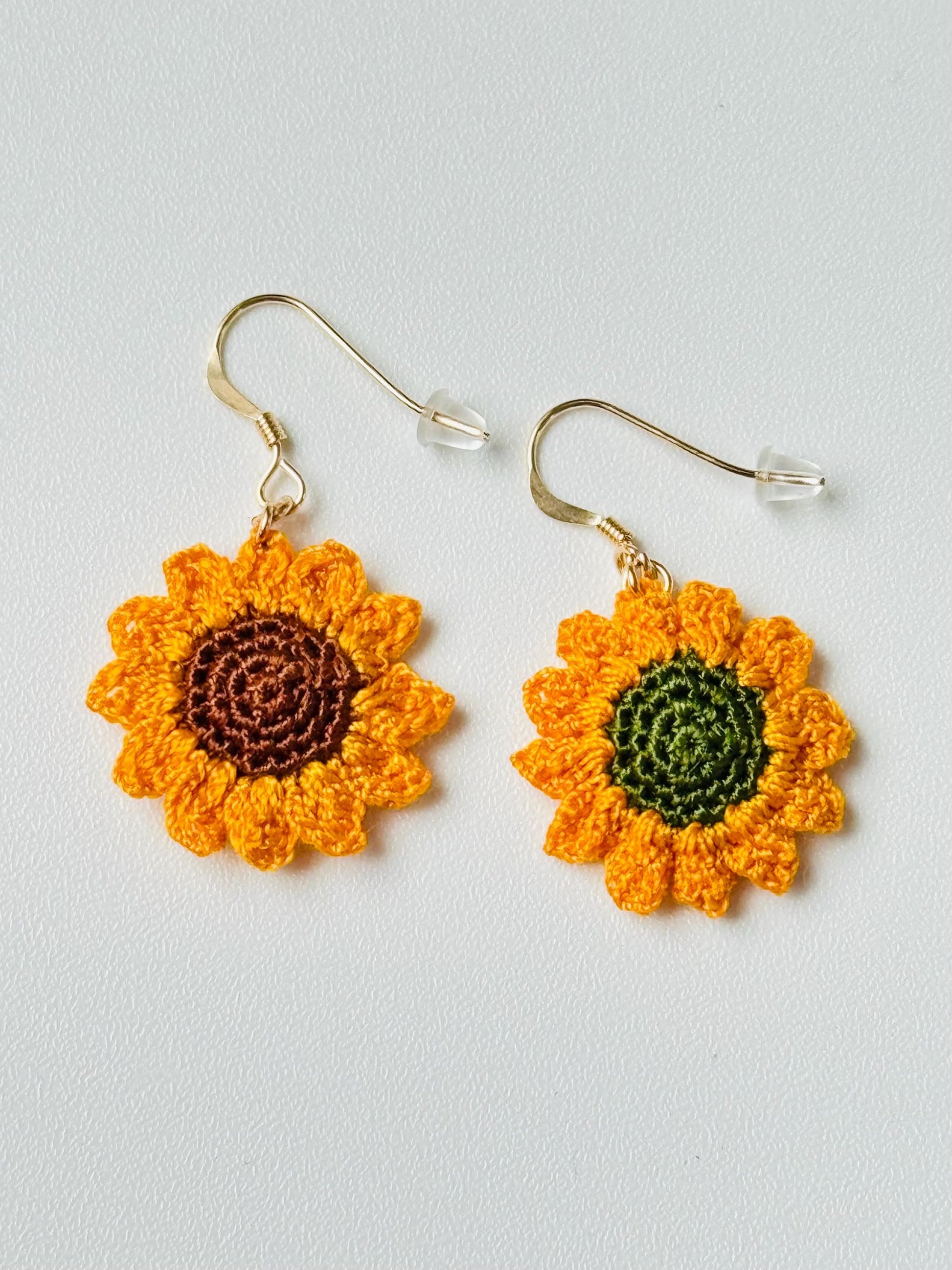 Micro Crochet Sunflower Earrings – 14ct Gold Filled Hooks, Cotton Flower Jewellery
