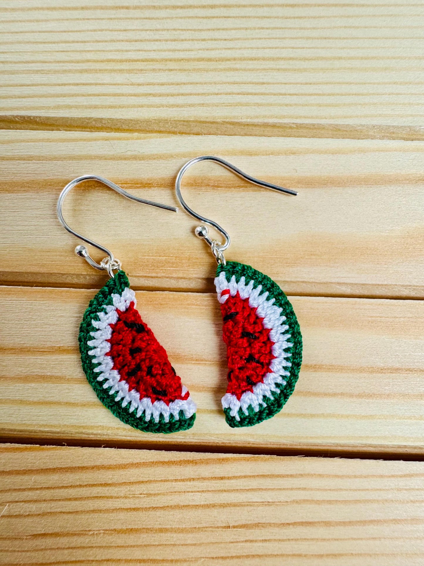 Micro Crochet Watermelon Earrings – Sterling Silver Hooks