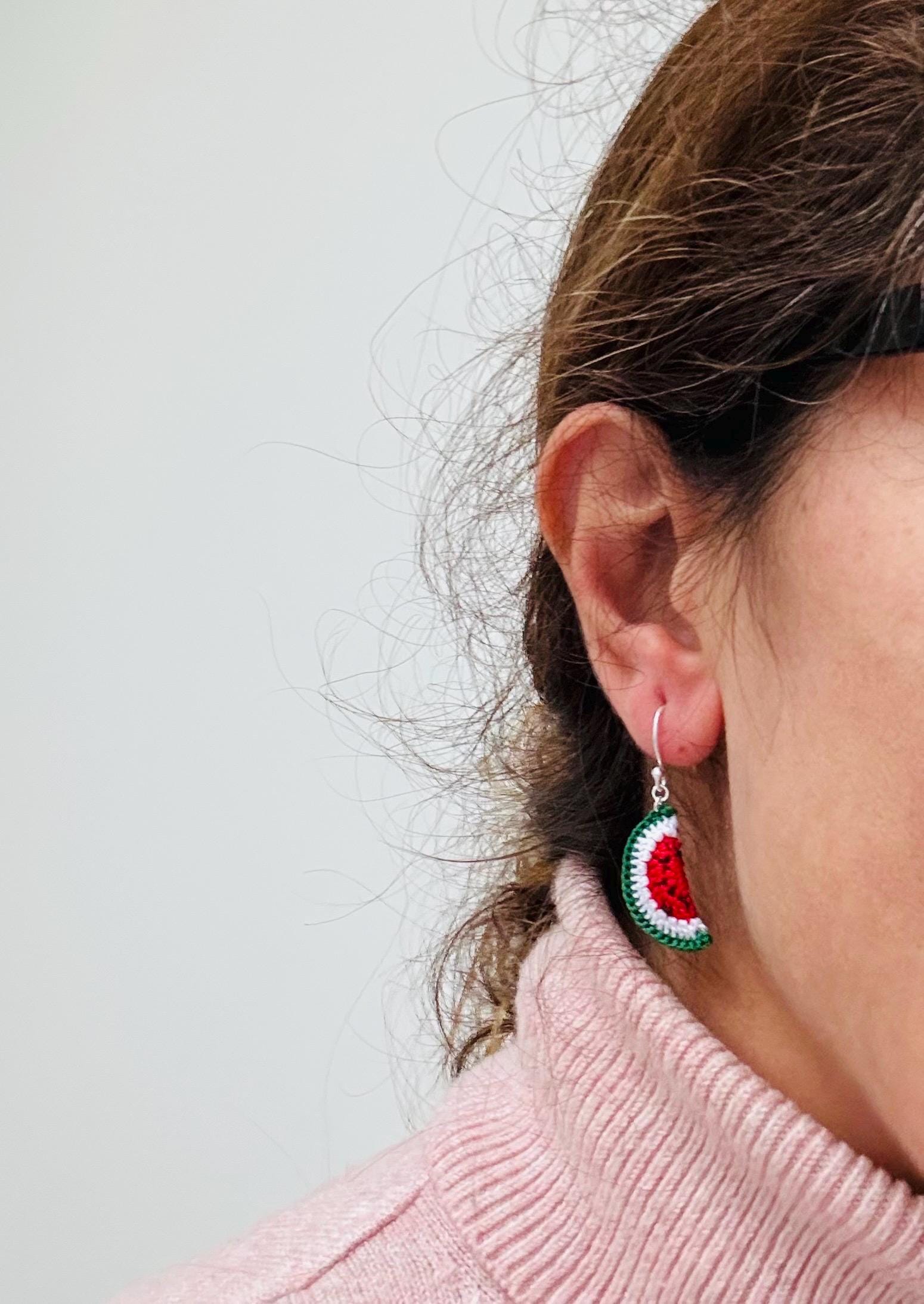 Micro Crochet Watermelon Earrings – Sterling Silver Hooks