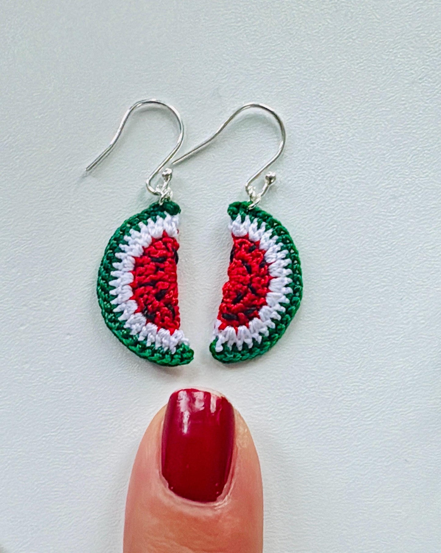 Micro Crochet Watermelon Earrings – Sterling Silver Hooks