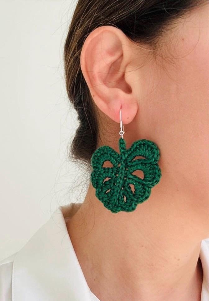 Monstera Leaf Crochet Earrings – Botanical Crochet Jewellery – Sterling Silver Hooks