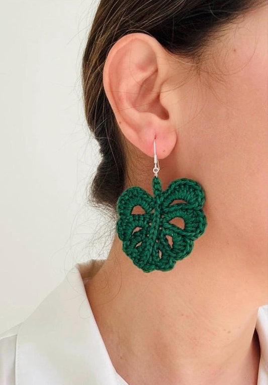 Monstera Leaf Crochet Earrings – Botanical Crochet Jewellery – Sterling Silver Hooks