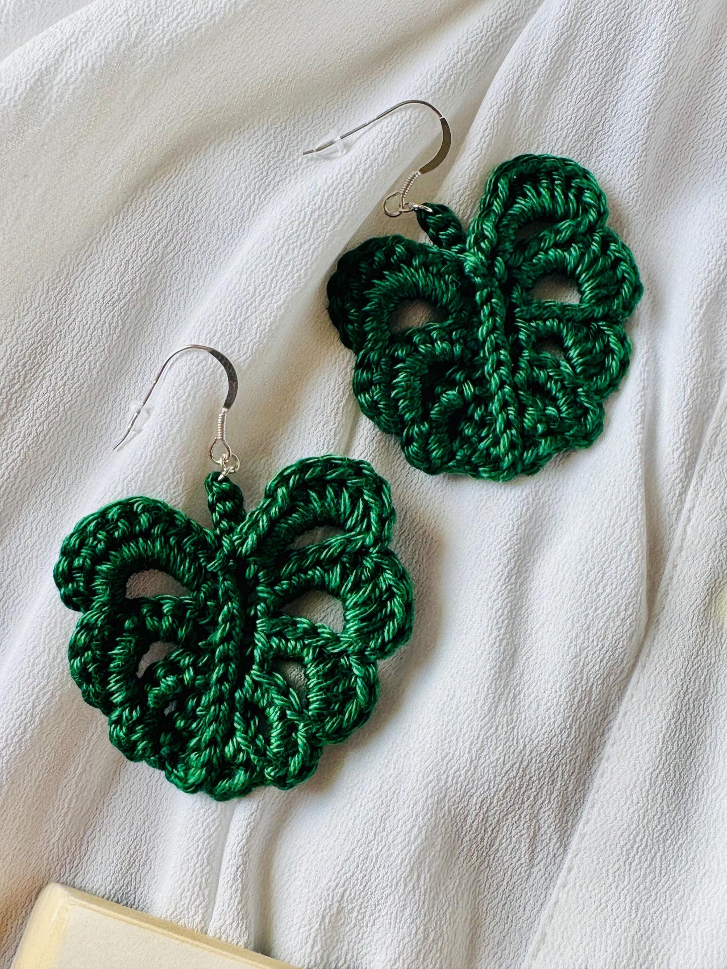 Monstera Leaf Crochet Earrings – Botanical Crochet Jewellery – Sterling Silver Hooks