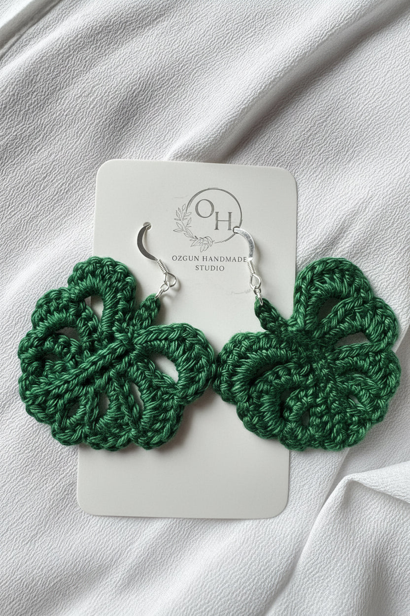 Monstera Leaf Crochet Earrings – Botanical Crochet Jewellery – Sterling Silver Hooks