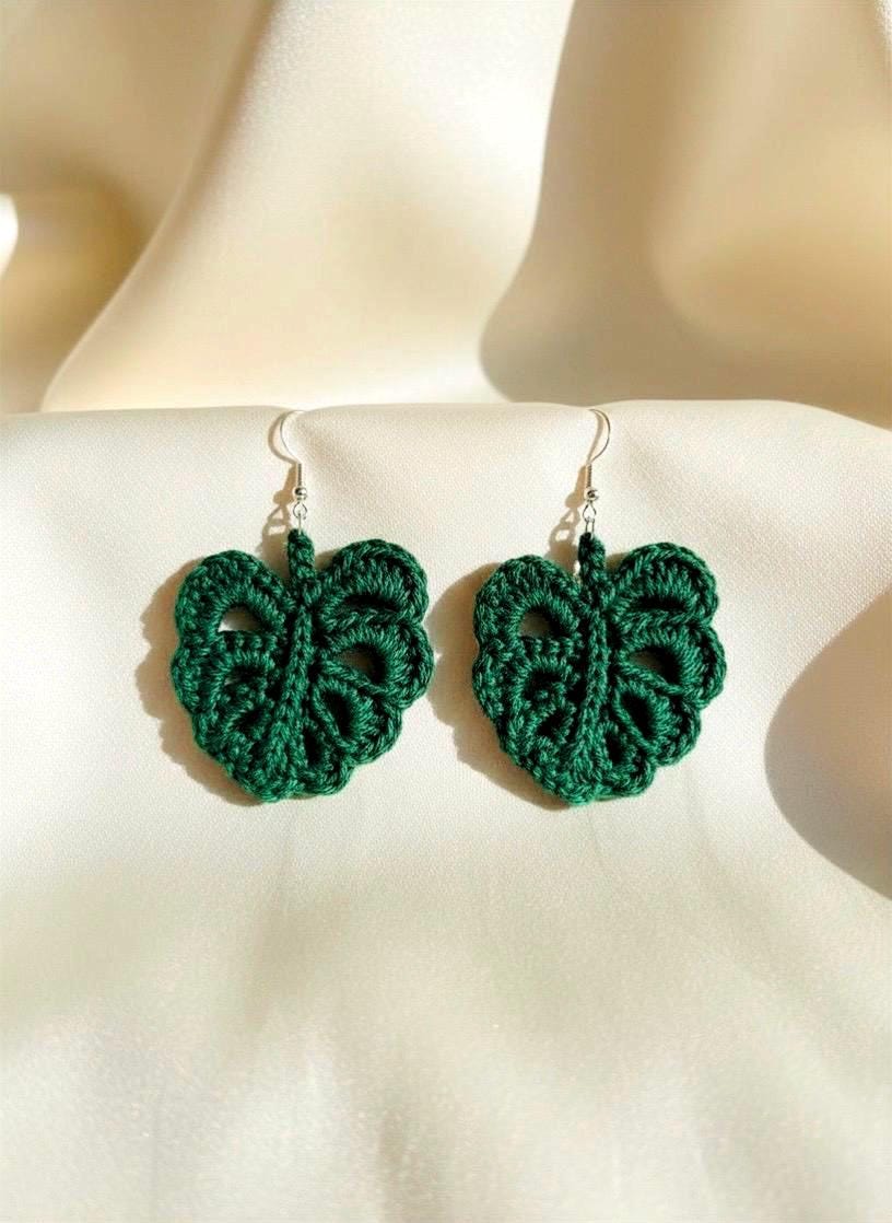 Monstera Leaf Crochet Earrings – Botanical Crochet Jewellery – Sterling Silver Hooks
