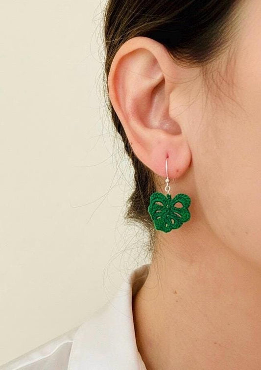 Monstera Leaf Micro Crochet Earrings – Botanical Crochet Jewellery – Sterling Silver Hooks