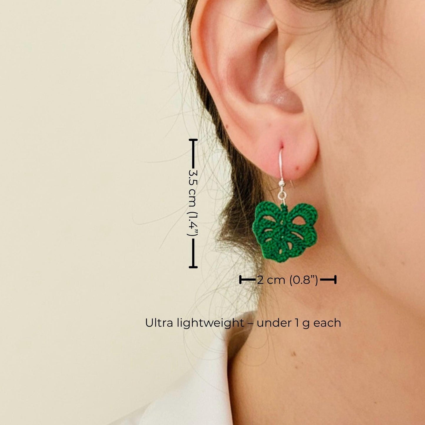 Monstera Leaf Micro Crochet Earrings – Botanical Crochet Jewellery – Sterling Silver Hooks