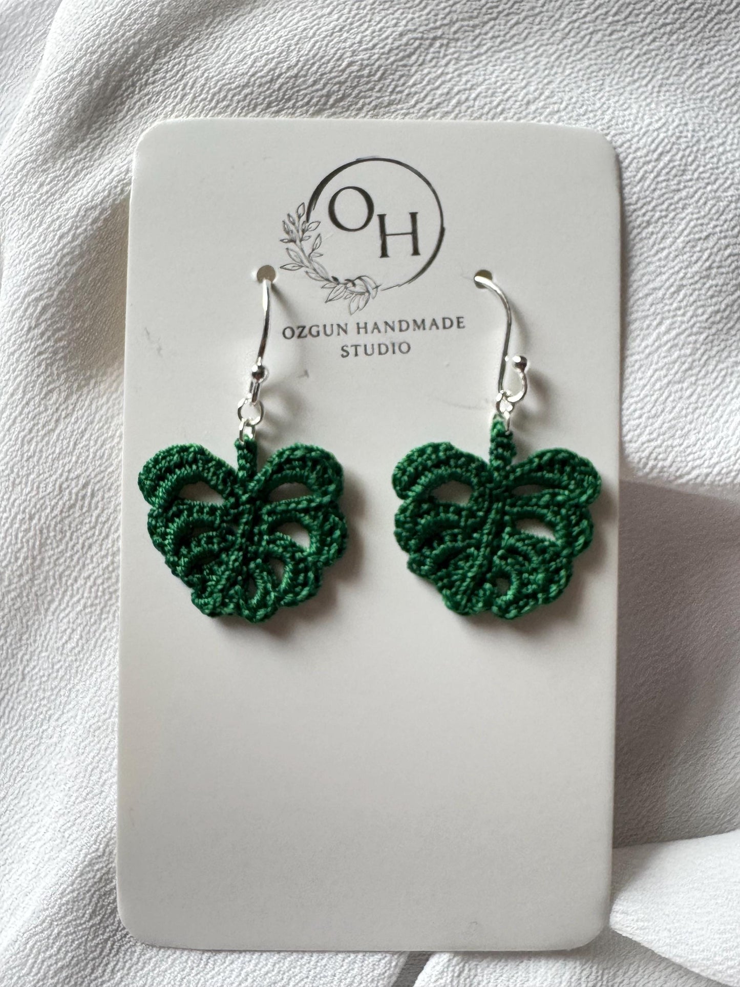 Monstera Leaf Micro Crochet Earrings – Botanical Crochet Jewellery – Sterling Silver Hooks