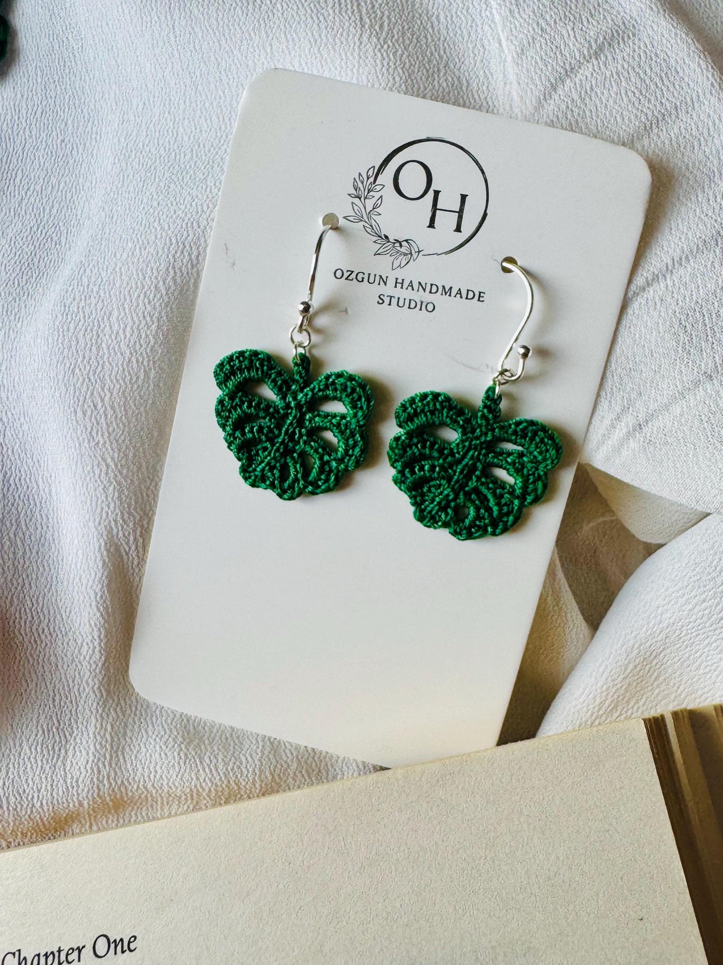 Monstera Leaf Micro Crochet Earrings – Botanical Crochet Jewellery – Sterling Silver Hooks