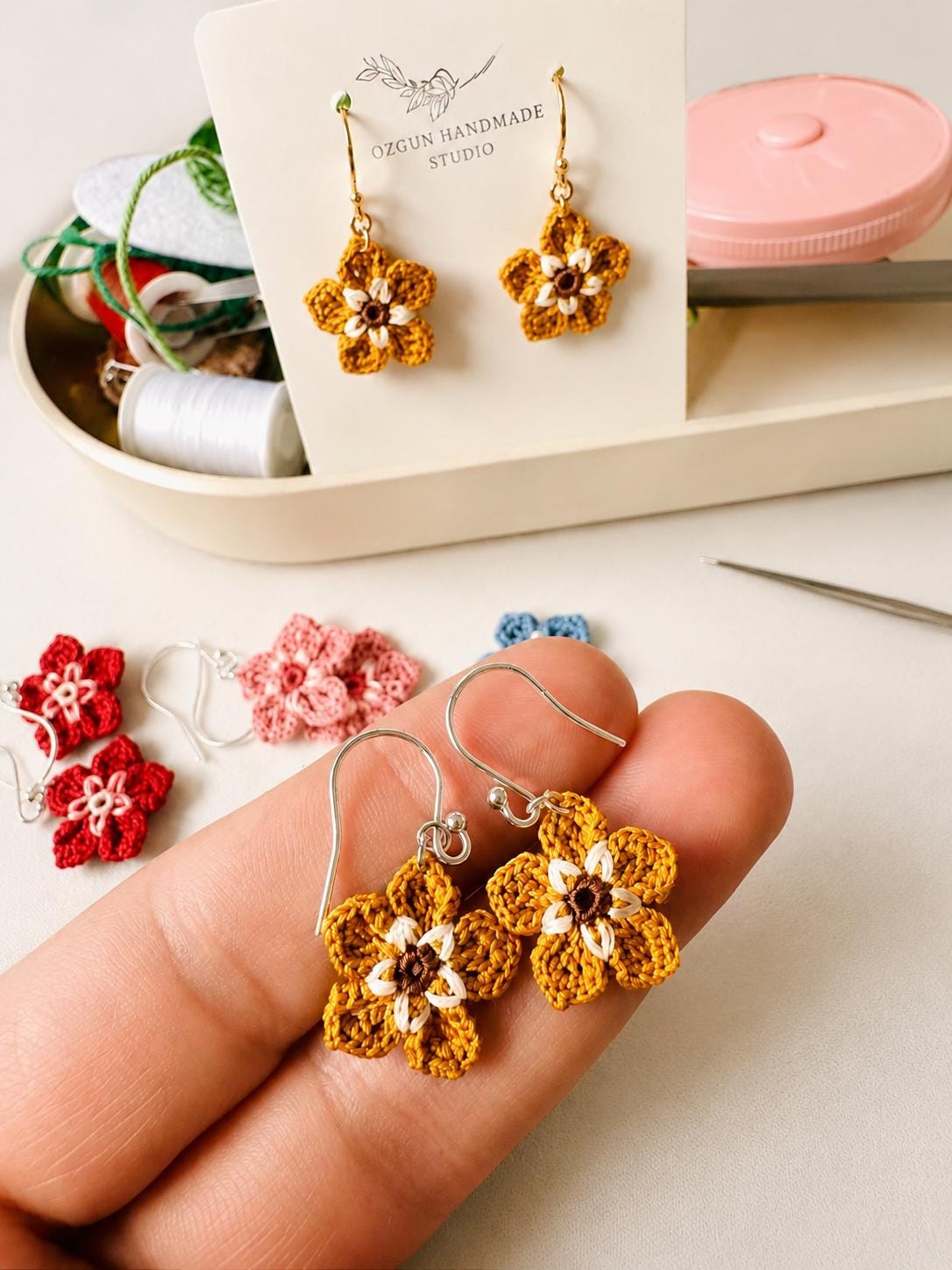Mustard Micro Crochet Flower Earrings, Tiny Floral Earrings, Sterling Silver or Gold Filled Hooks __etsy:8075264682