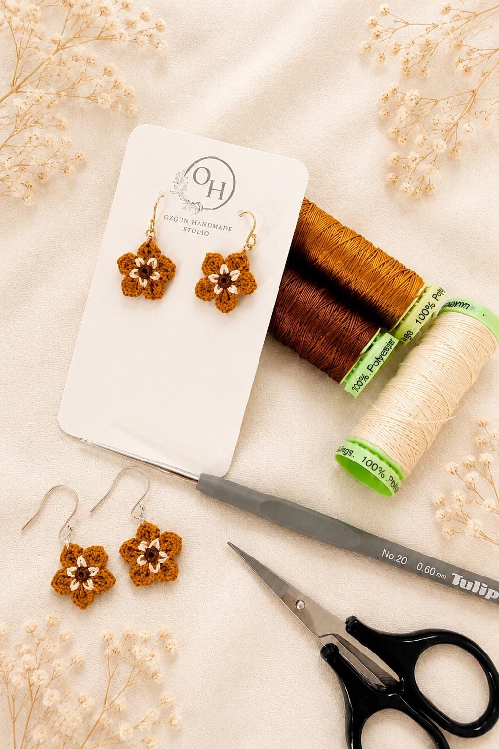 Mustard Micro Crochet Flower Earrings, Tiny Floral Earrings, Sterling Silver or Gold Filled Hooks __etsy:8123030025