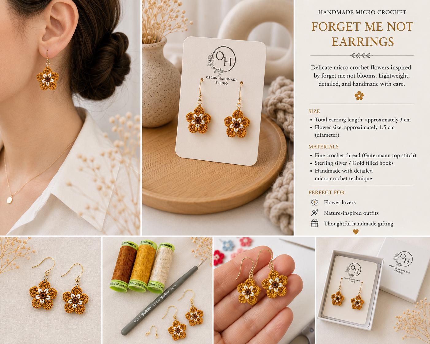 Mustard Micro Crochet Flower Earrings, Tiny Floral Earrings, Sterling Silver or Gold Filled Hooks __etsy:8048176106