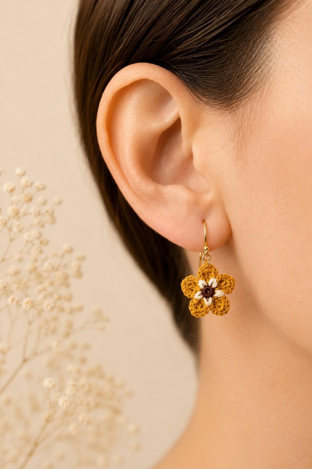 Mustard Micro Crochet Flower Earrings, Tiny Floral Earrings, Sterling Silver or Gold Filled Hooks __etsy:8075221742
