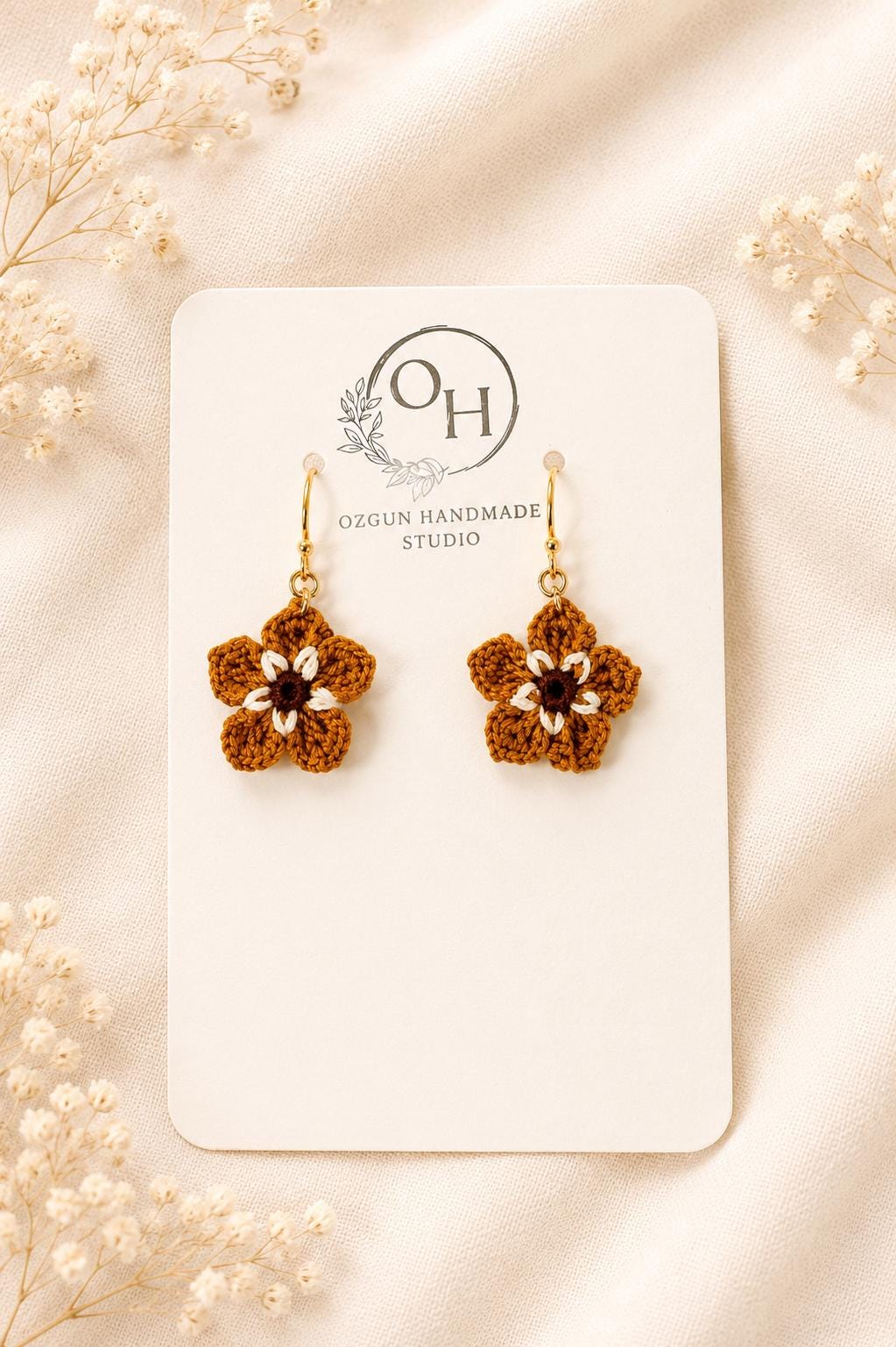 Mustard Micro Crochet Flower Earrings, Tiny Floral Earrings, Sterling Silver or Gold Filled Hooks __etsy:8123041915