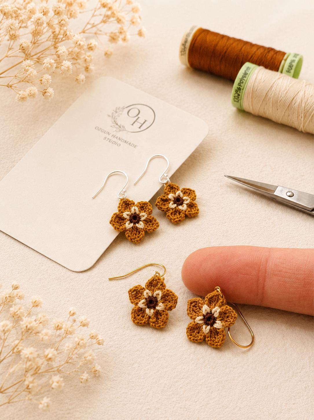 Mustard Micro Crochet Flower Earrings, Tiny Floral Earrings, Sterling Silver or Gold Filled Hooks __etsy:8123140241