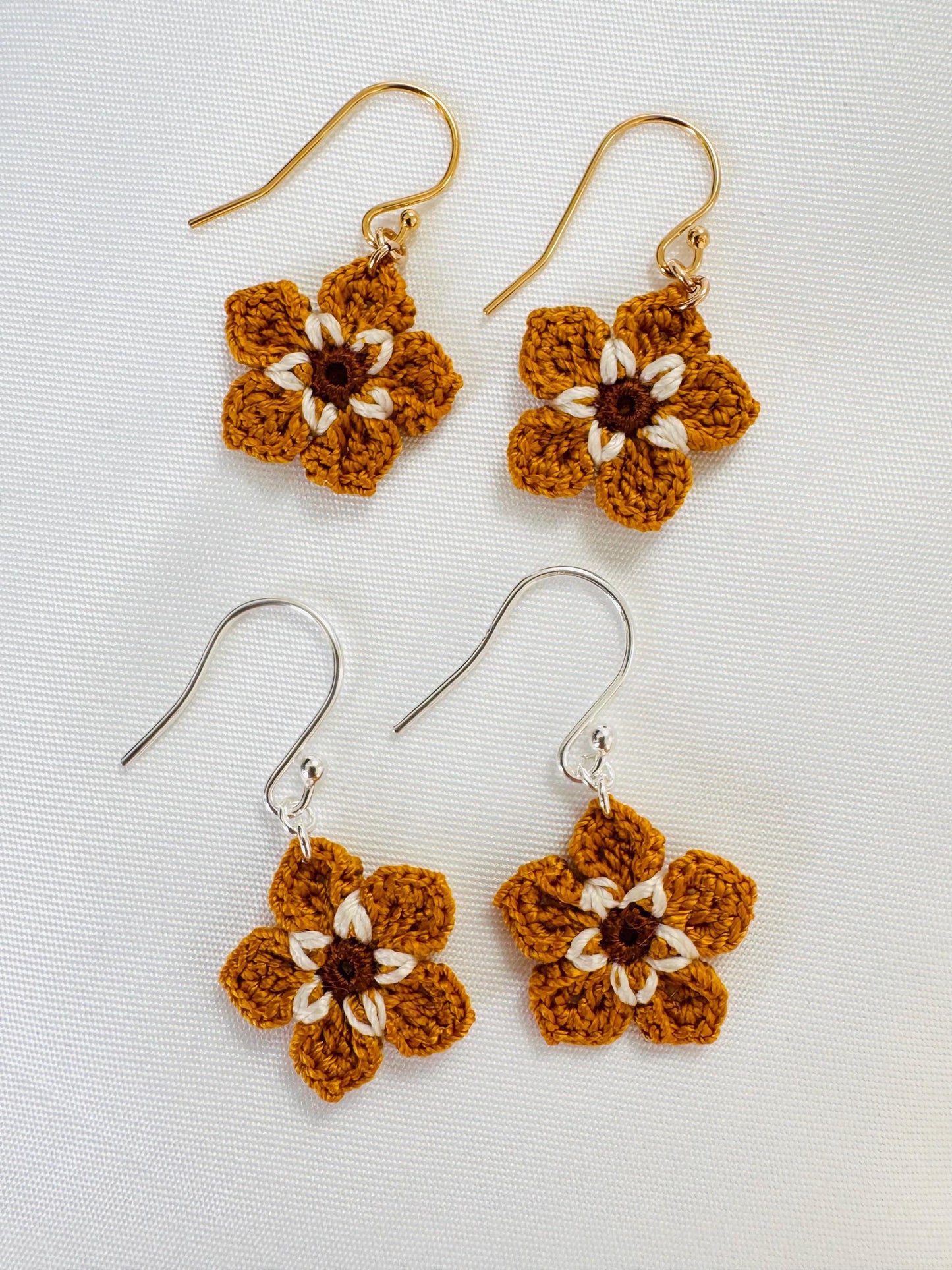 Mustard Micro Crochet Flower Earrings, Tiny Floral Earrings, Sterling Silver or Gold Filled Hooks __etsy:8065989525