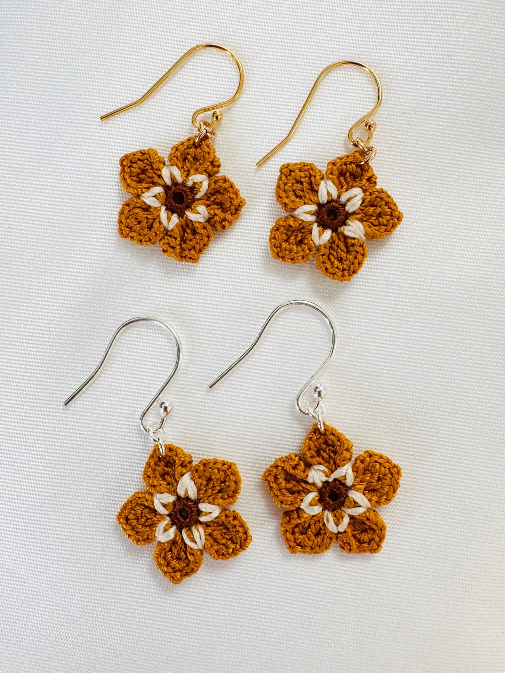 Mustard Micro Crochet Flower Earrings, Tiny Floral Earrings, Sterling Silver or Gold Filled Hooks __etsy:8065989525