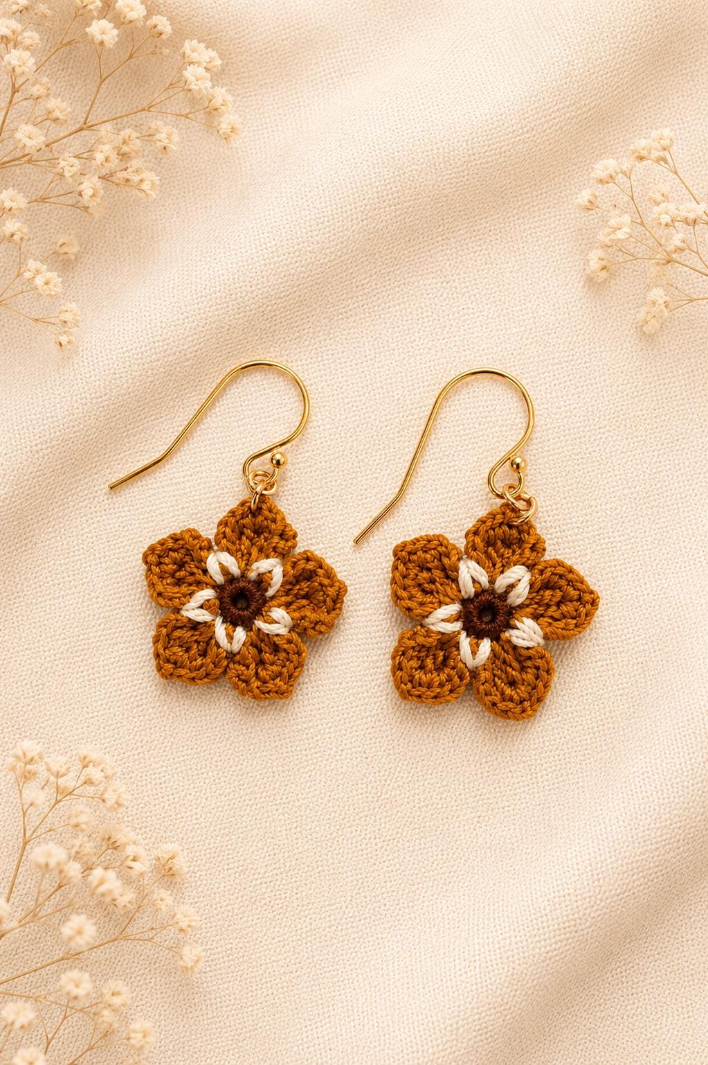 Mustard Micro Crochet Flower Earrings, Tiny Floral Earrings, Sterling Silver or Gold Filled Hooks __etsy:8075239788