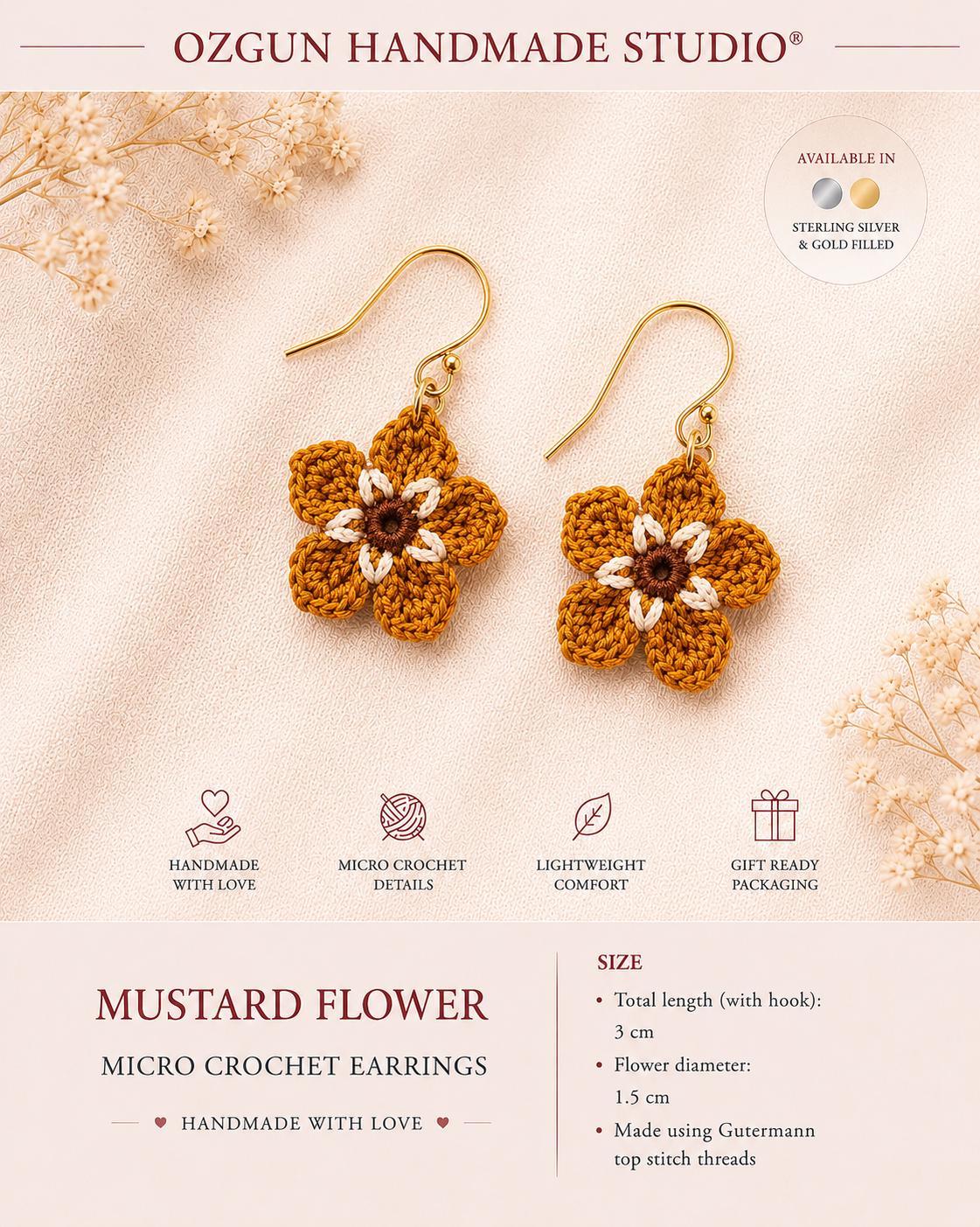 Mustard Micro Crochet Flower Earrings, Tiny Floral Earrings, Sterling Silver or Gold Filled Hooks __etsy:8123180557
