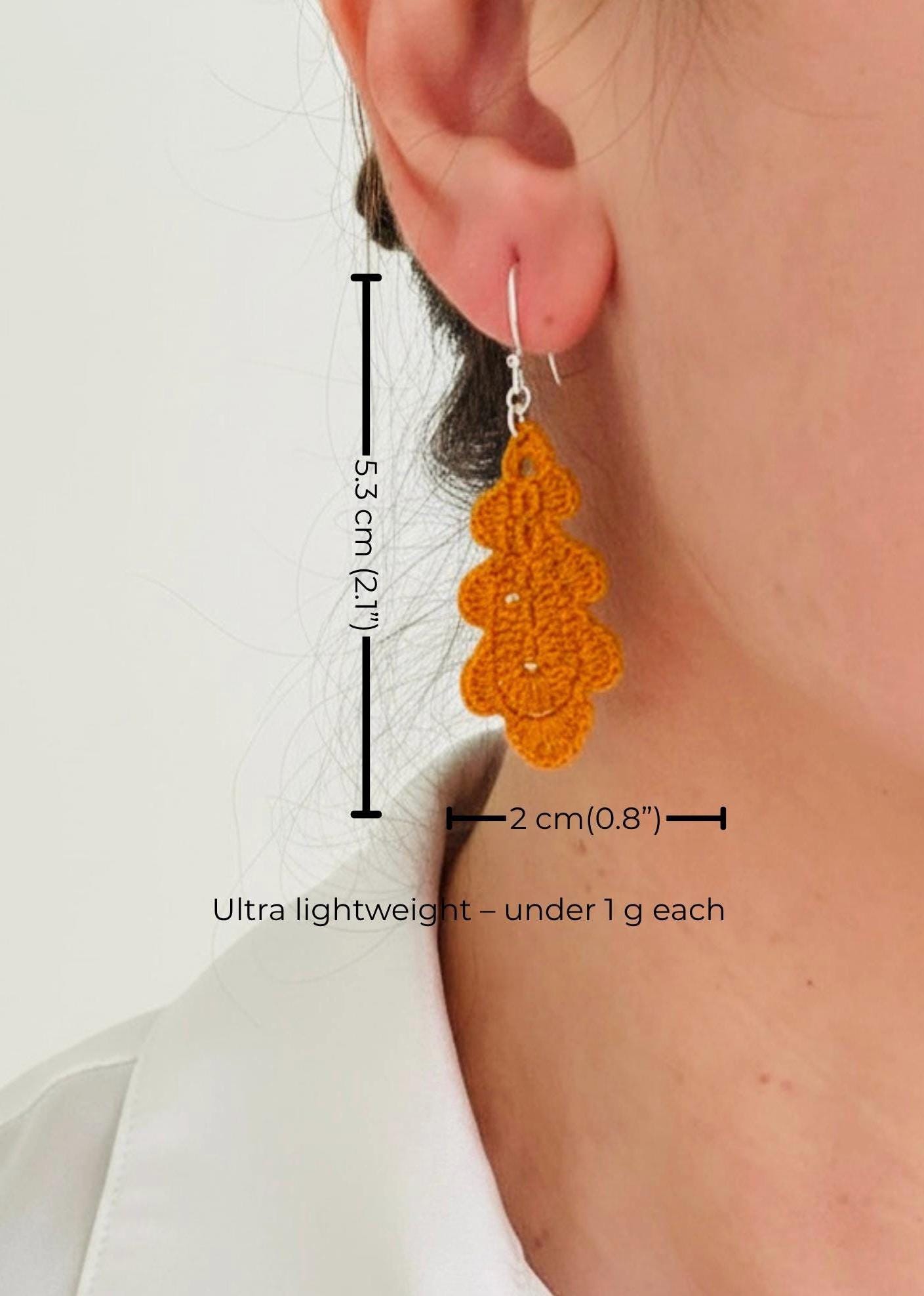Oak Leaf Micro Crochet Earrings – Botanical Crochet Jewellery – Sterling Silver Hooks