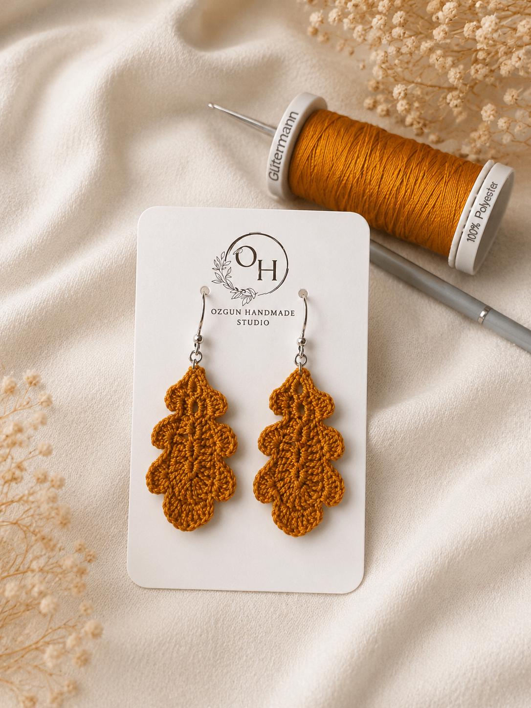Oak Leaf Micro Crochet Earrings – Botanical Crochet Jewellery – Sterling Silver Hooks __etsy:8118608315