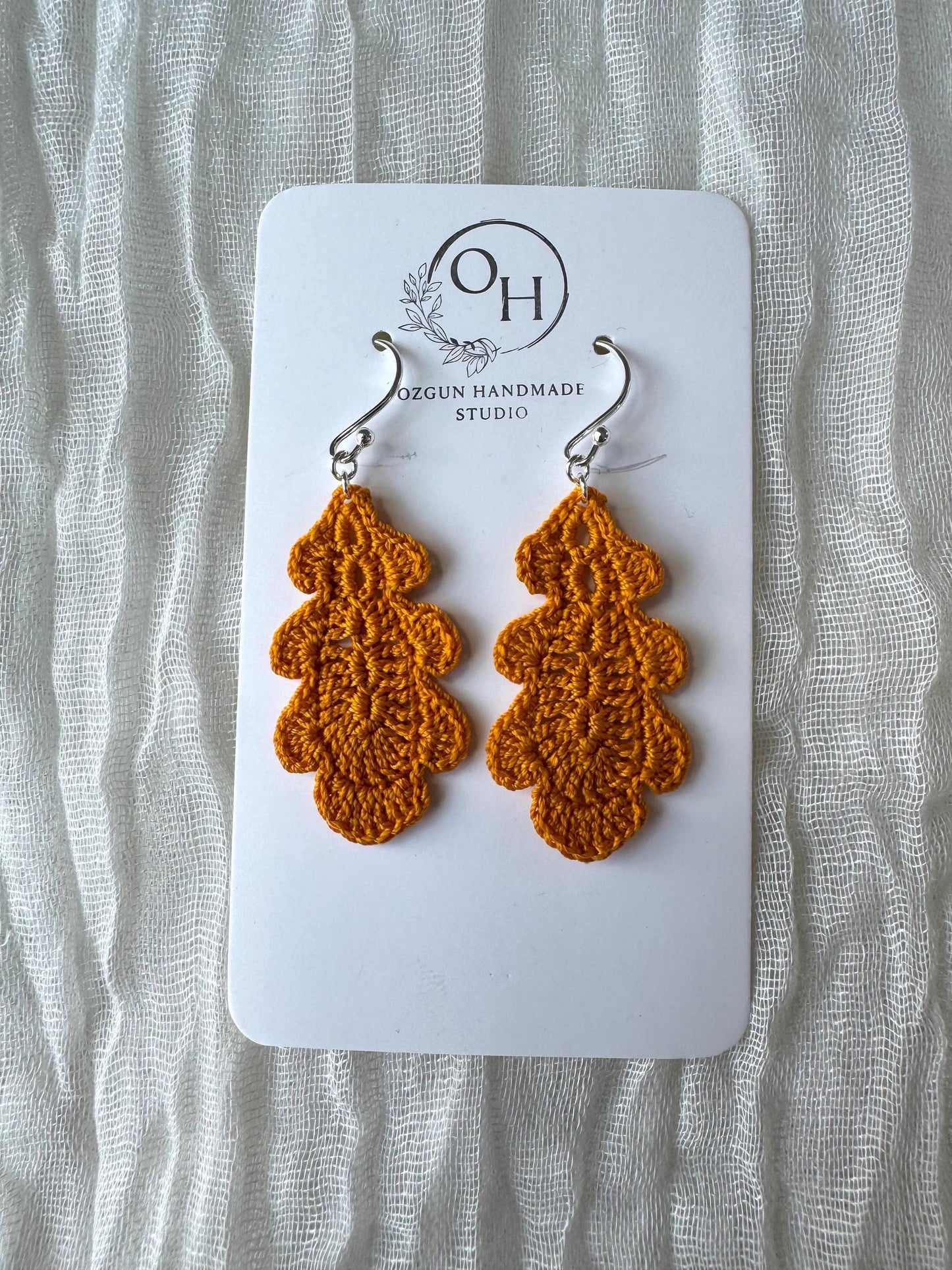 Oak Leaf Micro Crochet Earrings – Botanical Crochet Jewellery – Sterling Silver Hooks
