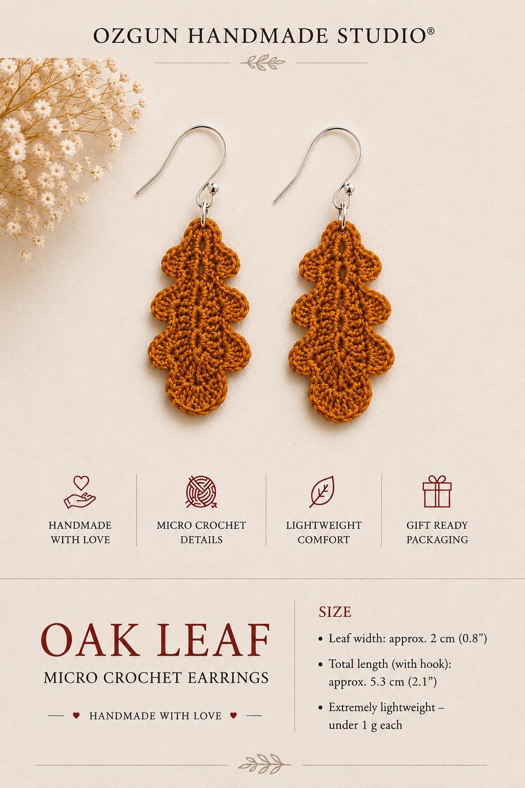 Oak Leaf Micro Crochet Earrings – Botanical Crochet Jewellery – Sterling Silver Hooks __etsy:8053950504