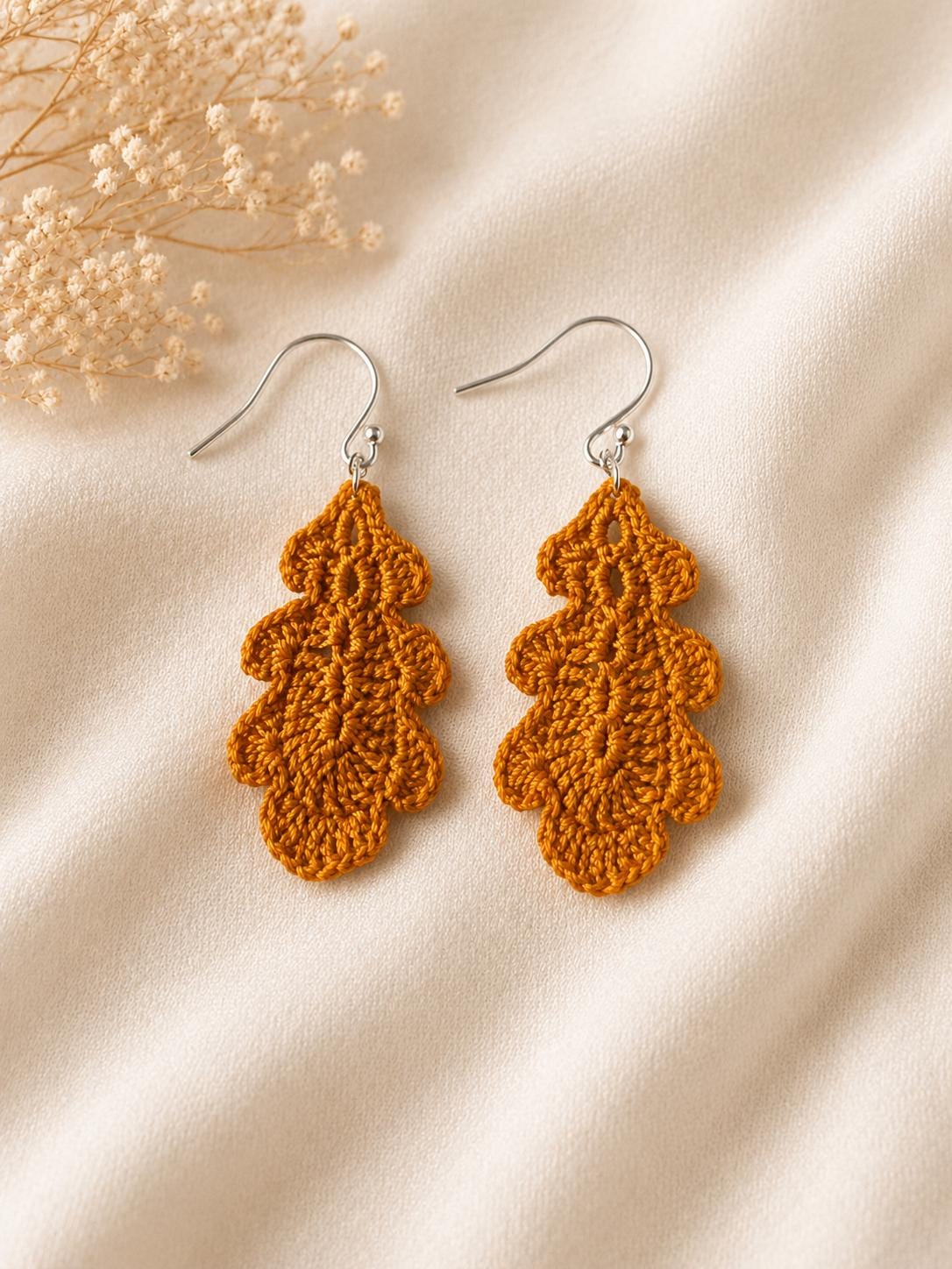 Oak Leaf Micro Crochet Earrings – Botanical Crochet Jewellery – Sterling Silver Hooks __etsy:8118608381