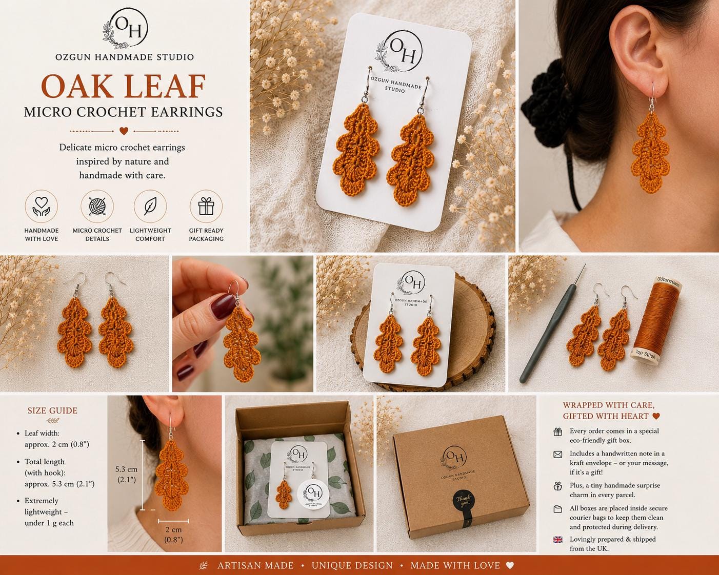 Oak Leaf Micro Crochet Earrings – Botanical Crochet Jewellery – Sterling Silver Hooks __etsy:8101816283