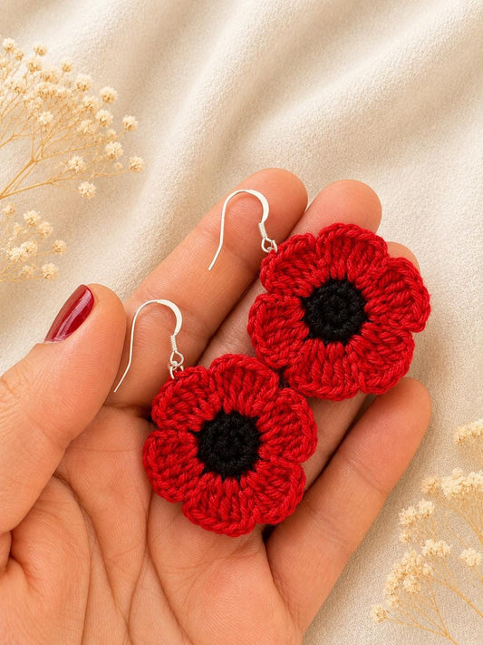 Poppy Crochet Earrings, Sterling Silver Hooks, Handmade Floral Jewellery, Brooch Set Option __etsy:8119060555