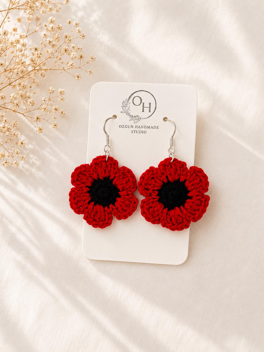 Poppy Crochet Earrings, Sterling Silver Hooks, Handmade Floral Jewellery, Brooch Set Option __etsy:8054705220
