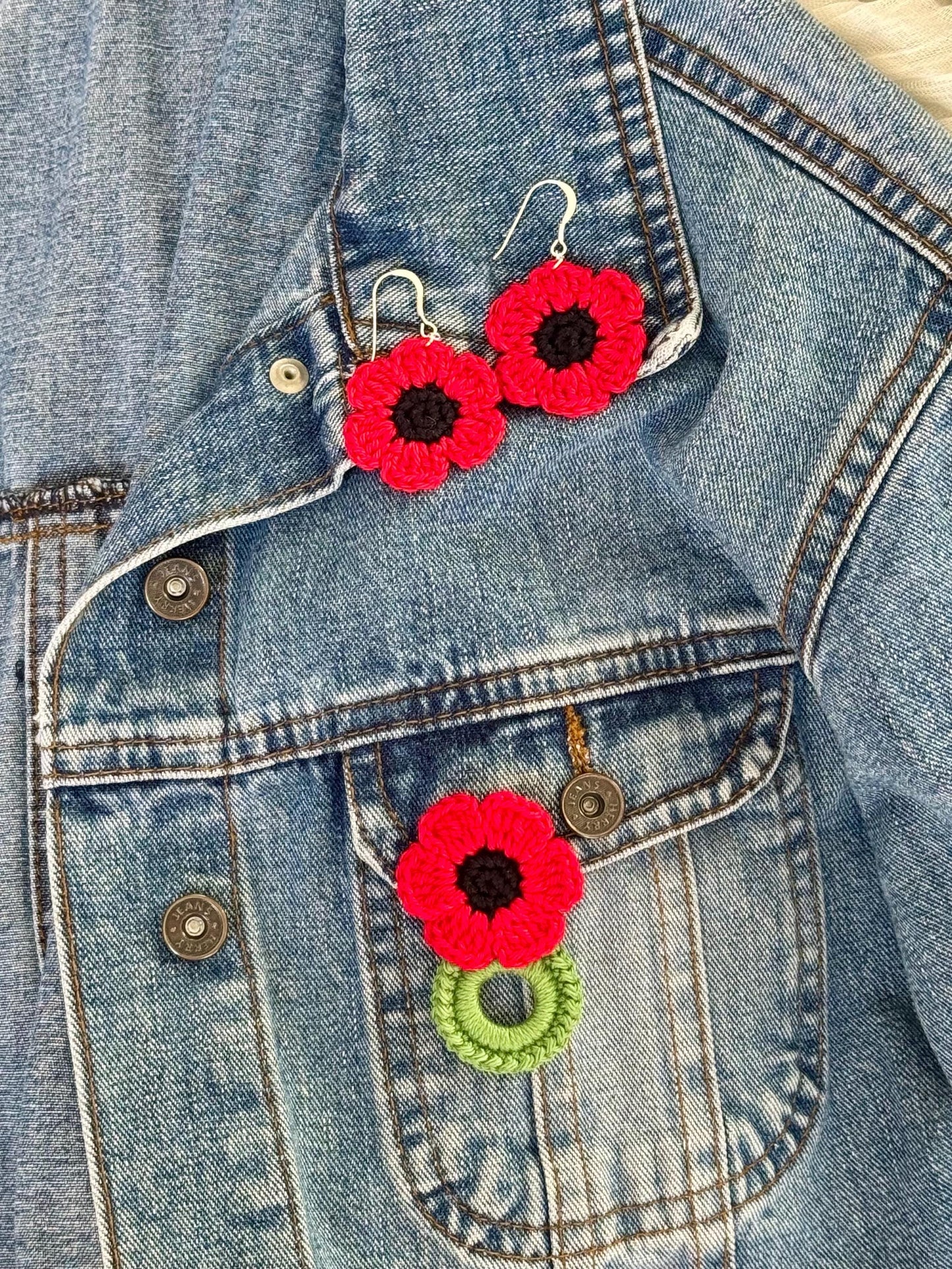 Poppy Crochet Earrings, Sterling Silver Hooks, Handmade Floral Jewellery, Brooch Set Option __etsy:7994695157