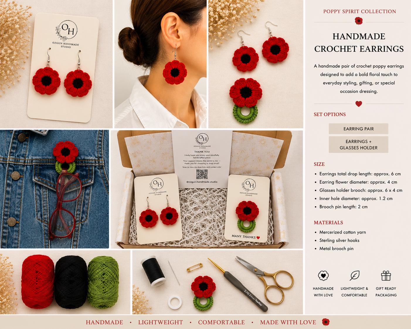 Poppy Crochet Earrings, Sterling Silver Hooks, Handmade Floral Jewellery, Brooch Set Option __etsy:8050625494