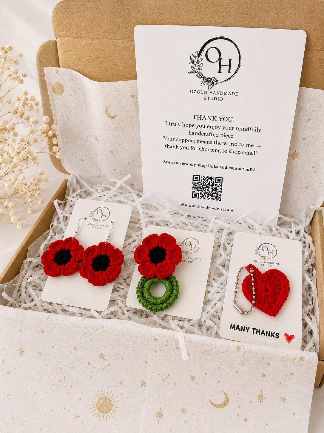 Poppy Crochet Earrings, Sterling Silver Hooks, Handmade Floral Jewellery, Brooch Set Option __etsy:8102620217