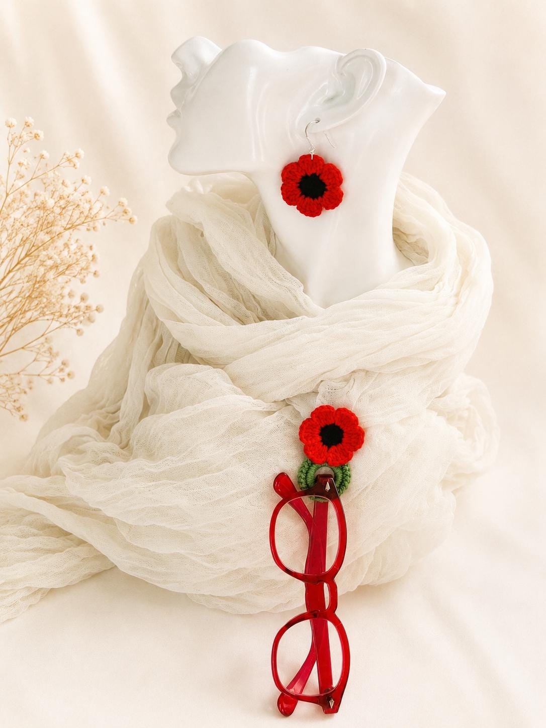 Poppy Crochet Earrings, Sterling Silver Hooks, Handmade Floral Jewellery, Brooch Set Option __etsy:8054718478