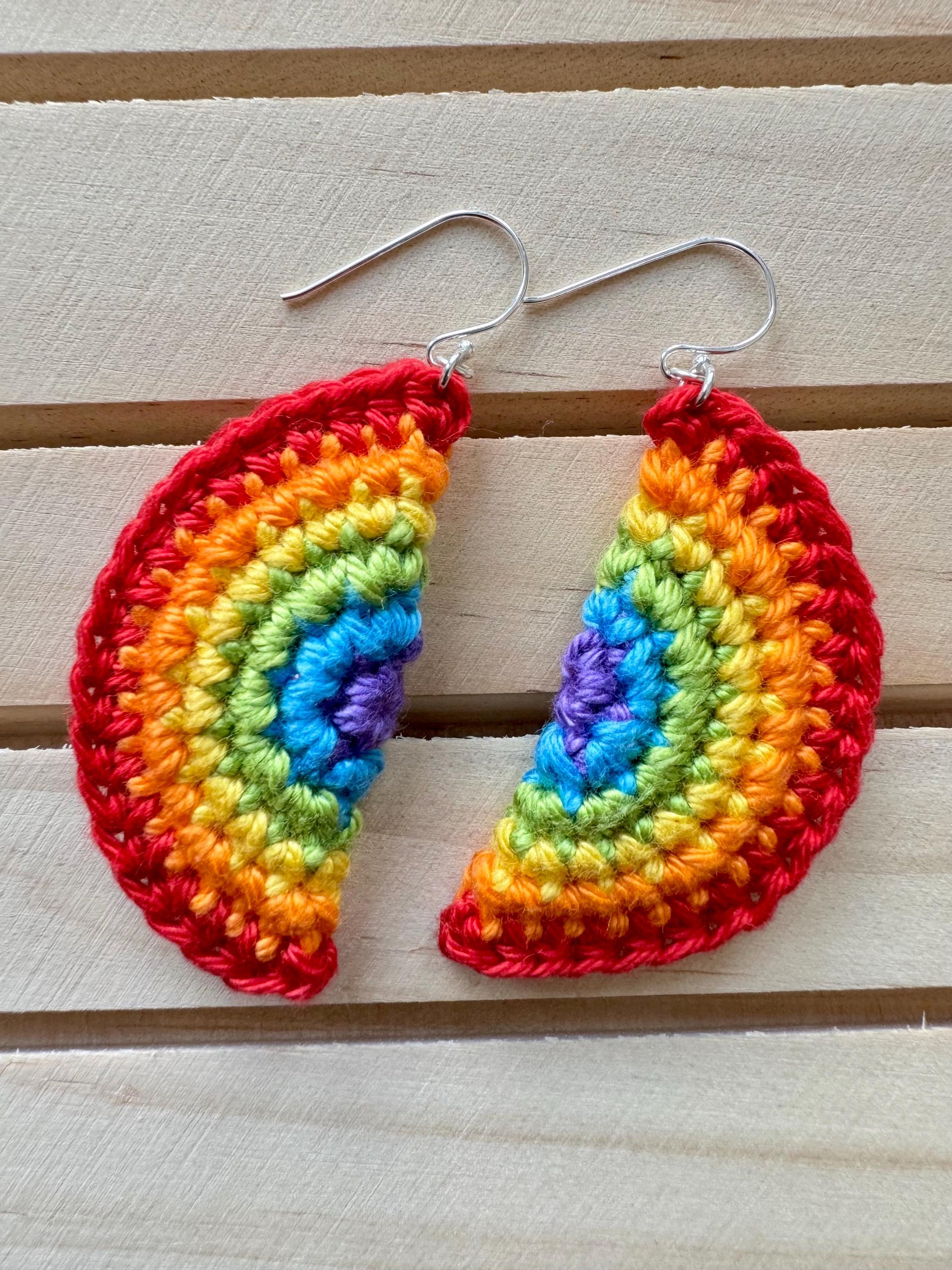 Rainbow Earrings: Handmade Crochet Cotton Pride Jewelry, Sterling Silver