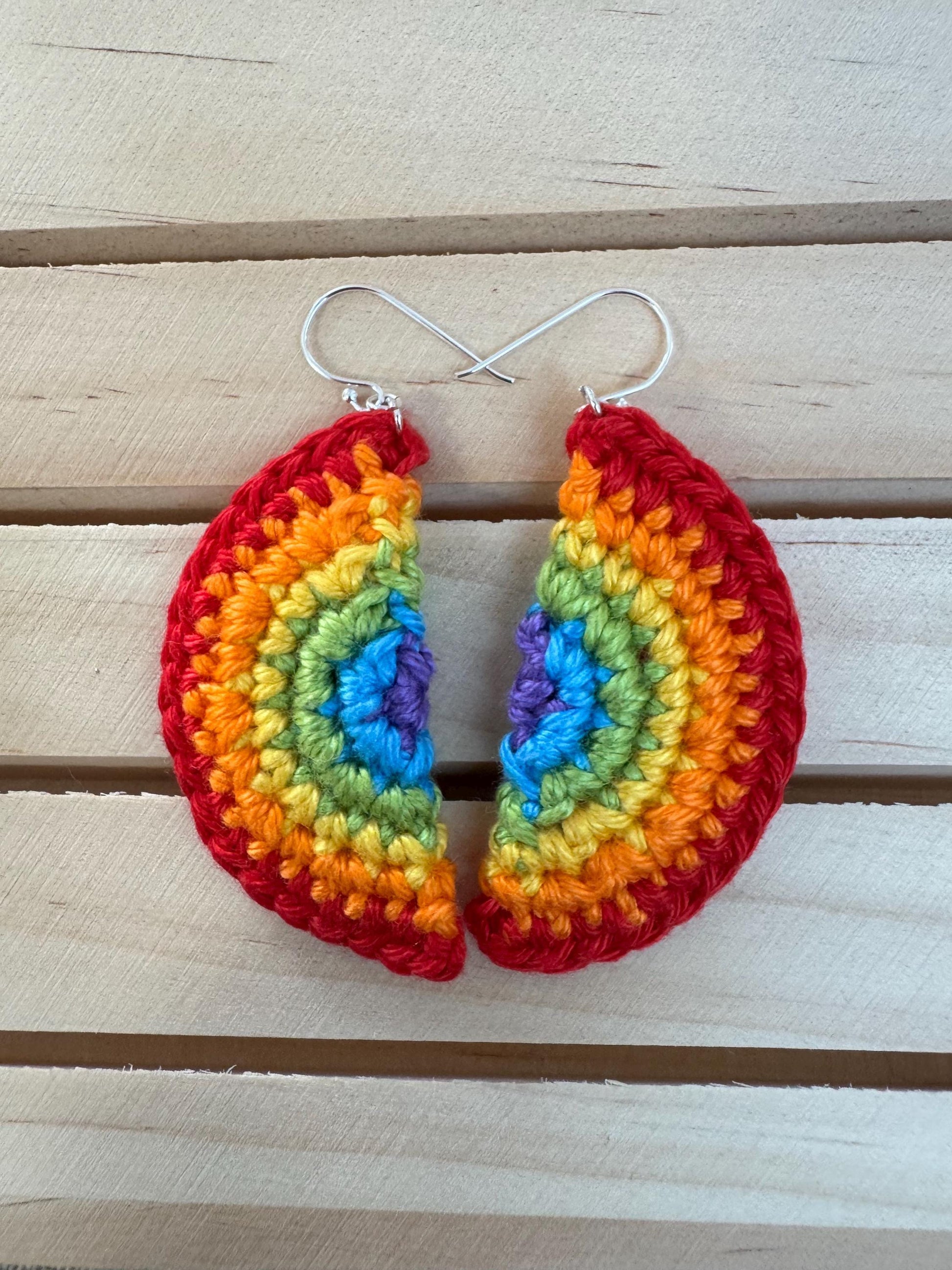 Rainbow Earrings: Handmade Crochet Cotton Pride Jewelry, Sterling Silver