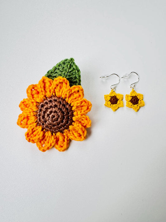 Sunflower Micro Crochet Earrings + Brooch Set
