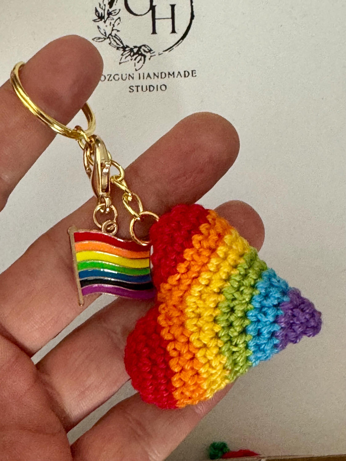 Crochet Rainbow Heart Keychain with Pride Flag Charm __etsy:7223886436