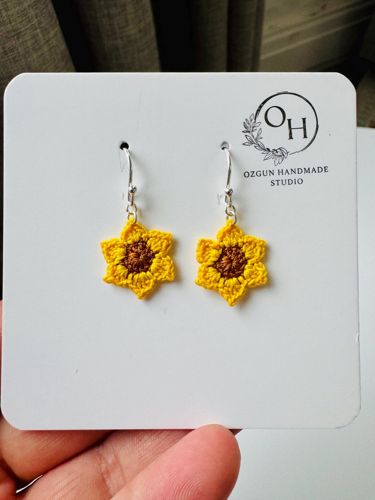 Sunflower Brooch and Earrings Set, Micro Crochet Earrings, Sterling Silver Hooks __etsy:7770100511