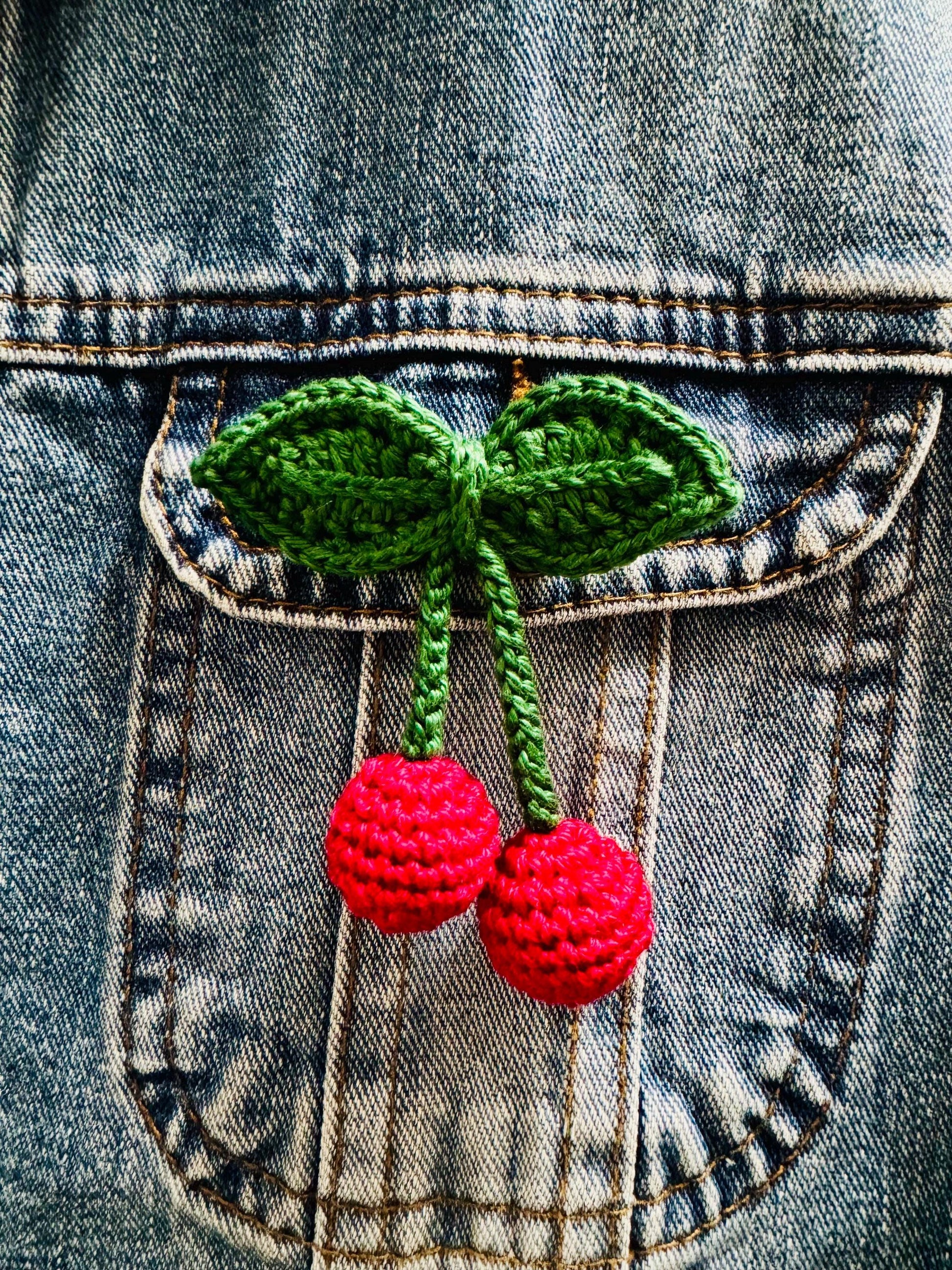 Handmade Crochet Cherry Brooch with Double Leaves – Playful & Whimsical Touch __etsy:7776034578
