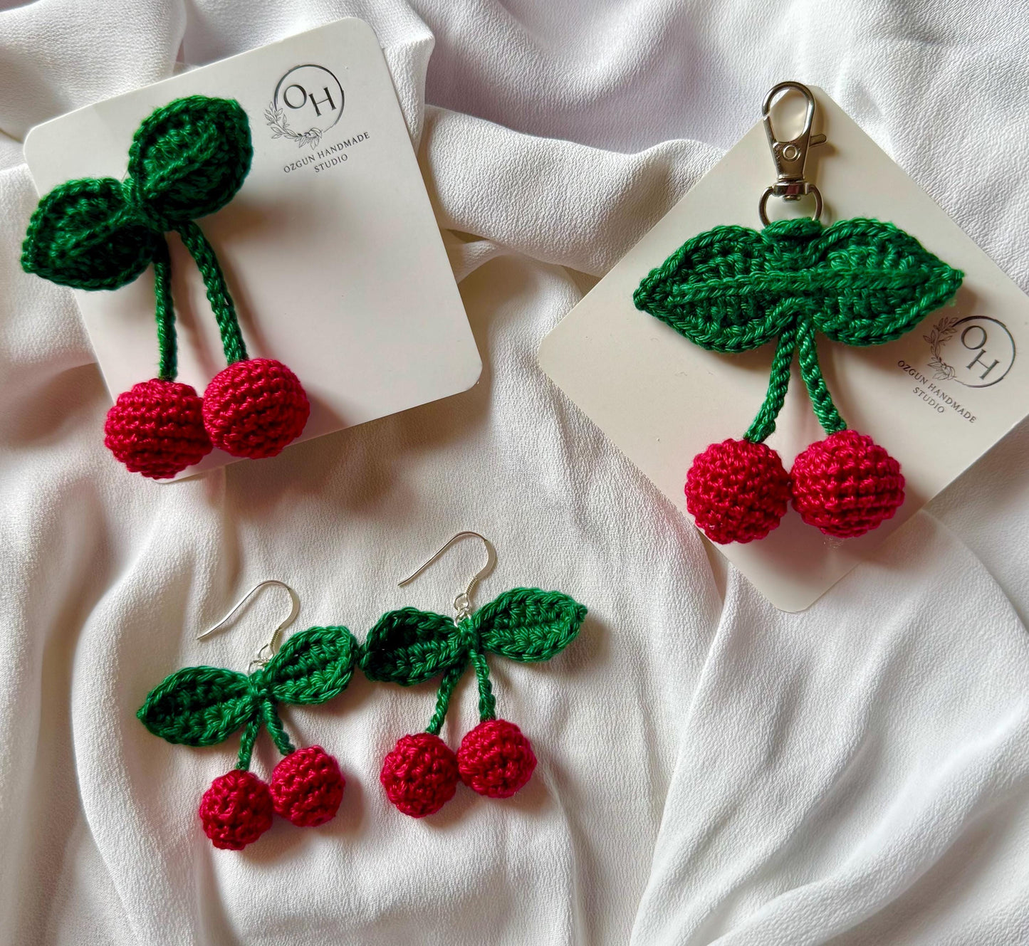 Handmade Crochet Cherry Brooch with Double Leaves – Playful & Whimsical Touch __etsy:7776100830