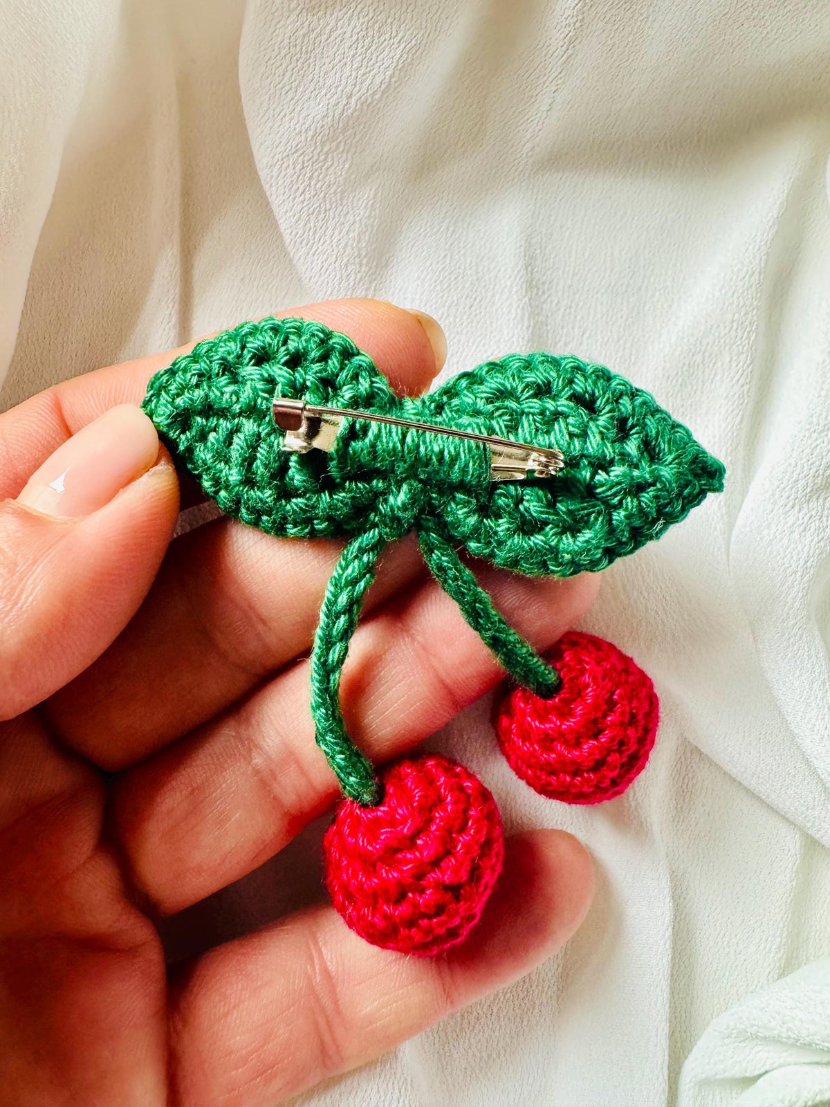 Handmade Crochet Cherry Brooch with Double Leaves – Playful & Whimsical Touch __etsy:7823964127
