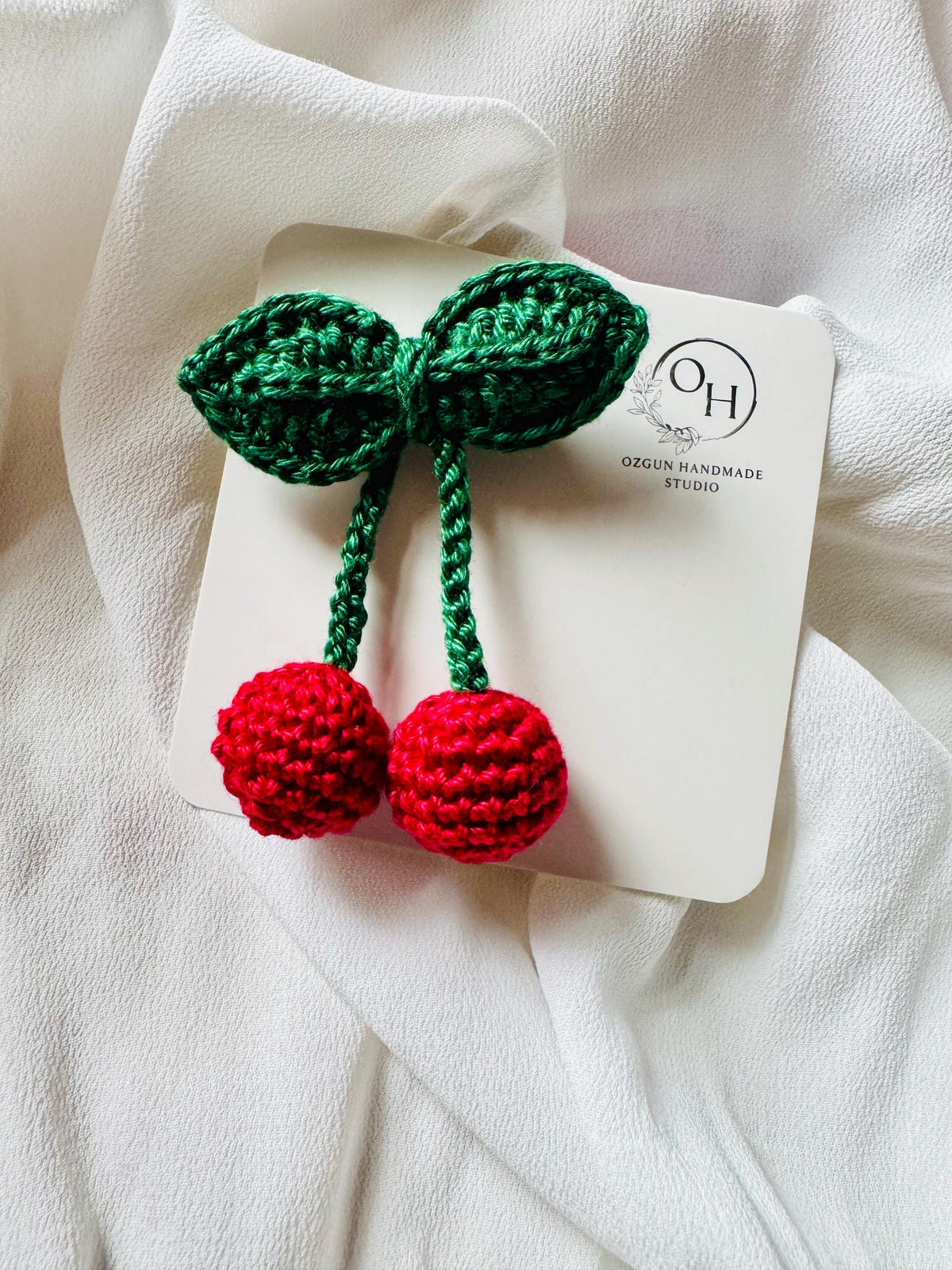 Handmade Crochet Cherry Brooch with Double Leaves – Playful & Whimsical Touch __etsy:7823964193