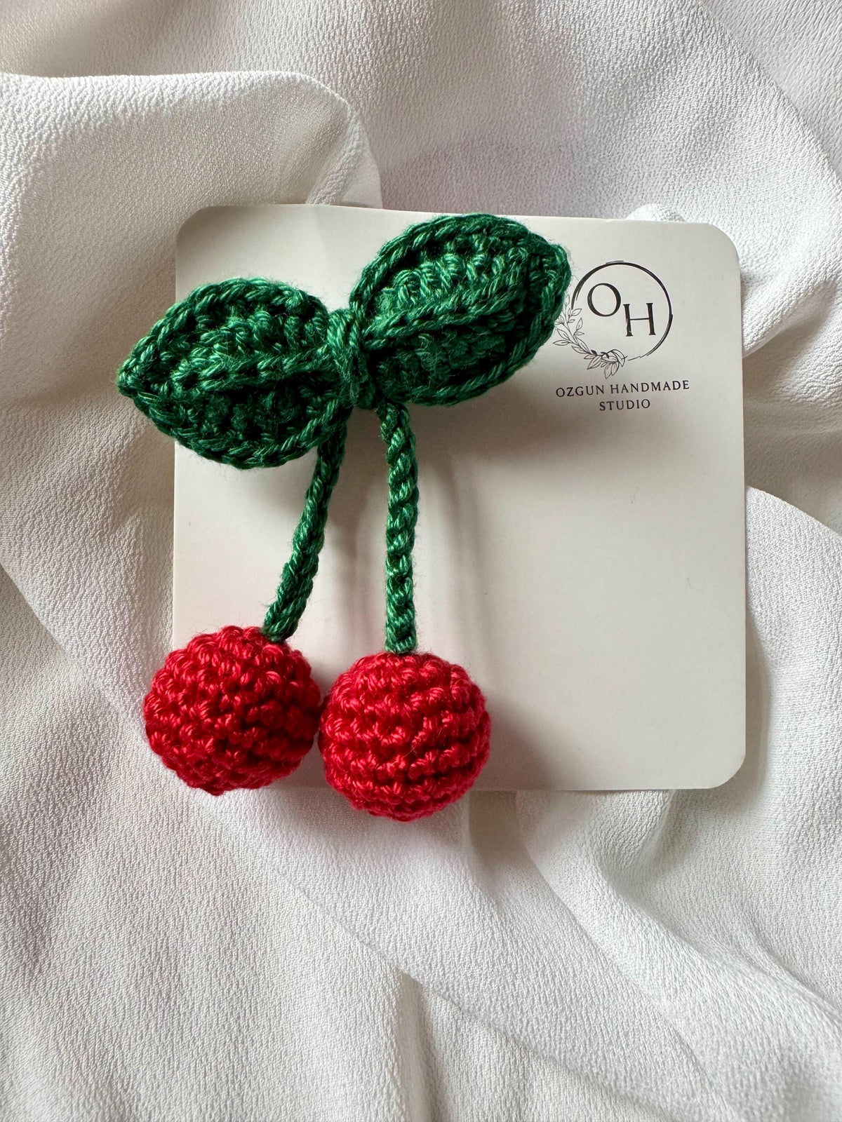 Handmade Crochet Cherry Brooch with Double Leaves – Playful & Whimsical Touch __etsy:7823964229