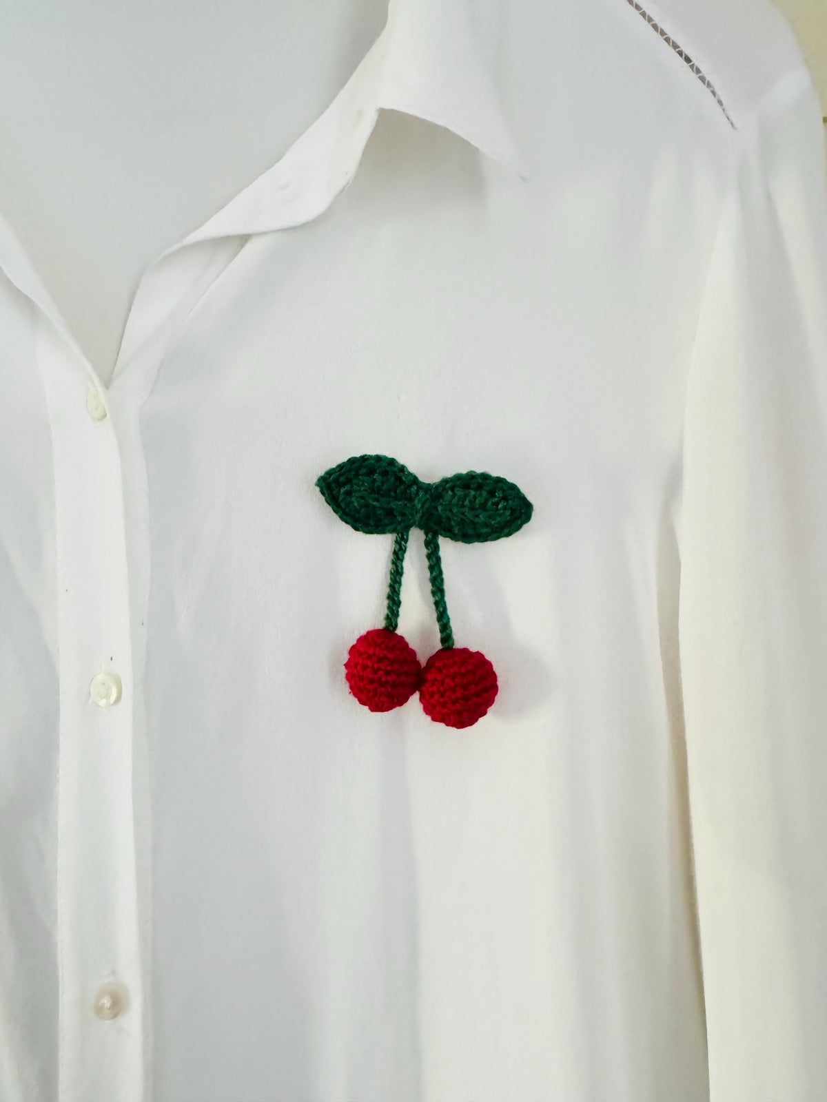 Handmade Crochet Cherry Brooch with Double Leaves – Playful & Whimsical Touch __etsy:7883527814