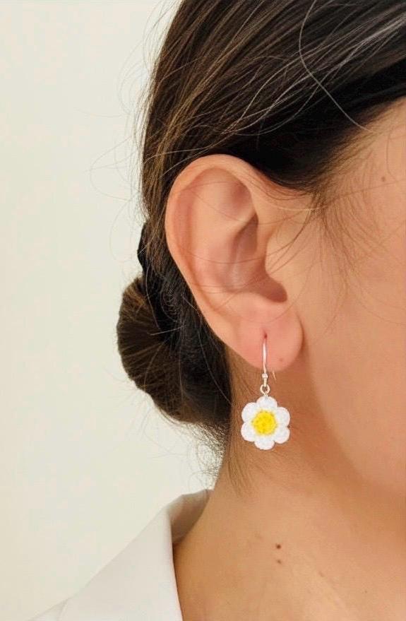 Handmade Micro Crochet Daisy Earrings – 925 Sterling Silver Hooks, Lightweight Floral Jewellery __etsy:7892562711