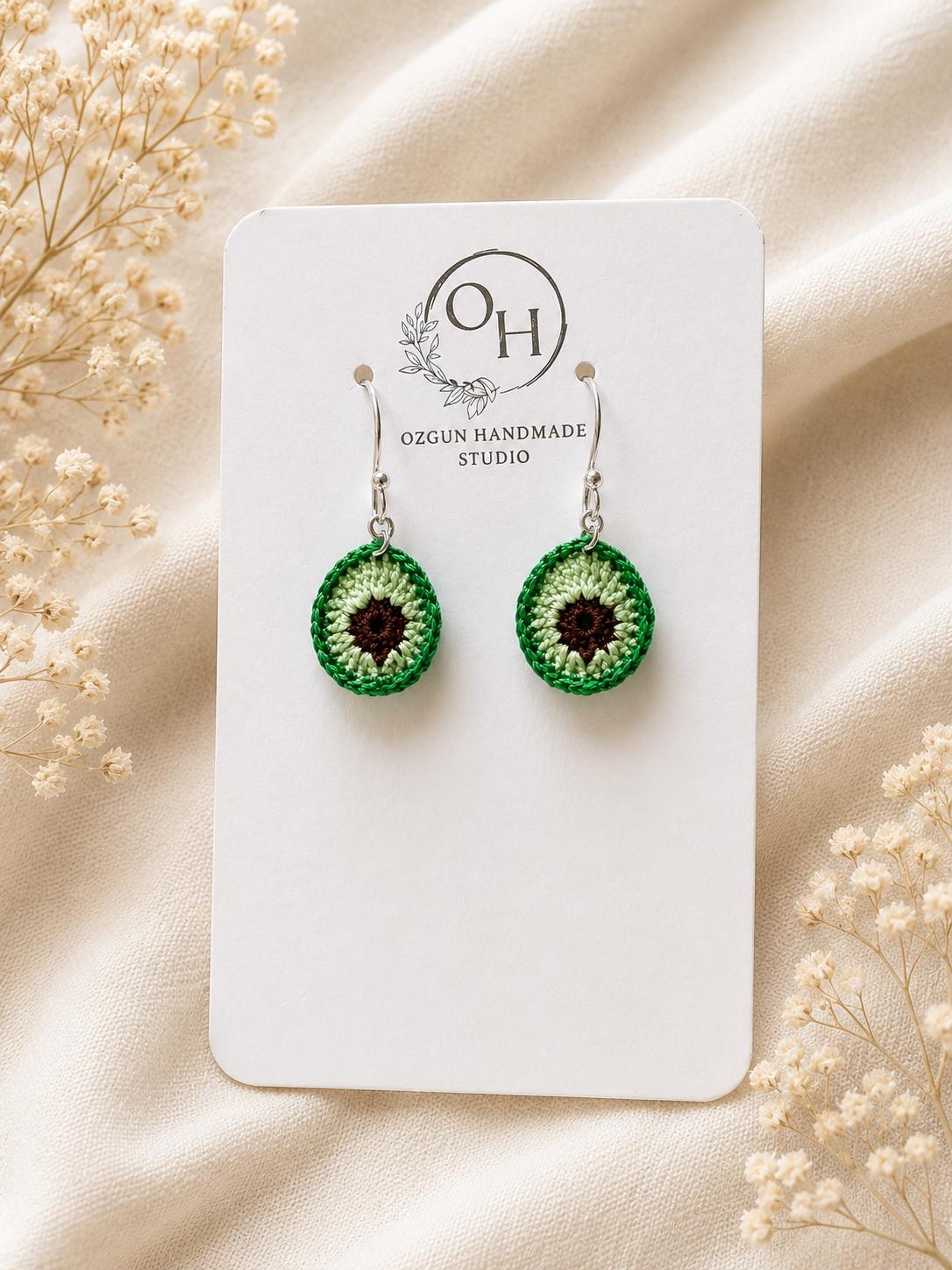 Avocado Micro Crochet Earrings – Handmade Cotton Fruit Jewelry, Sterling Silver Hooks __etsy:8058411538
