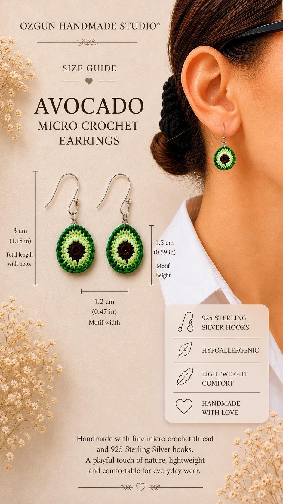 Avocado Micro Crochet Earrings – Handmade Cotton Fruit Jewelry, Sterling Silver Hooks __etsy:8059060294